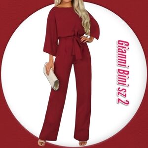 Gianni Bini Loose 3/4 Sleeve Belted Wide Leg Pant Busines Holiday Red Jumpsuit